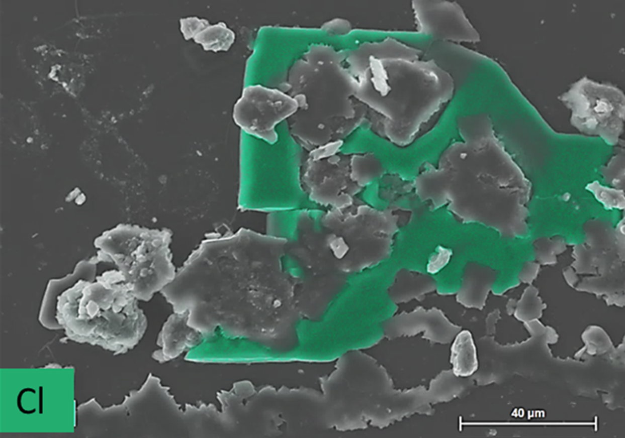 Elektronenmikroskopbild einer verschmutzten Glasoberfläche