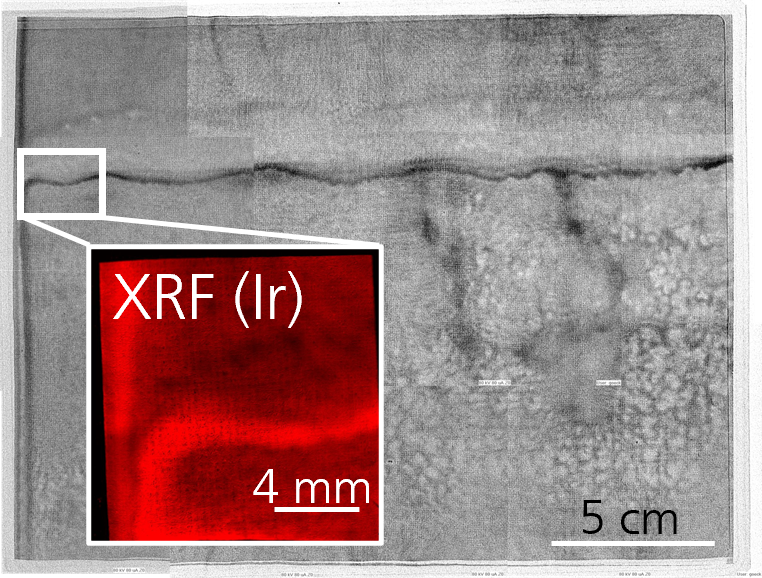 Großflächiger XTM-Scan durch die zeigt inhomogene Katalysatorbeschichtung; XRF ordnet diese Iridium zu.