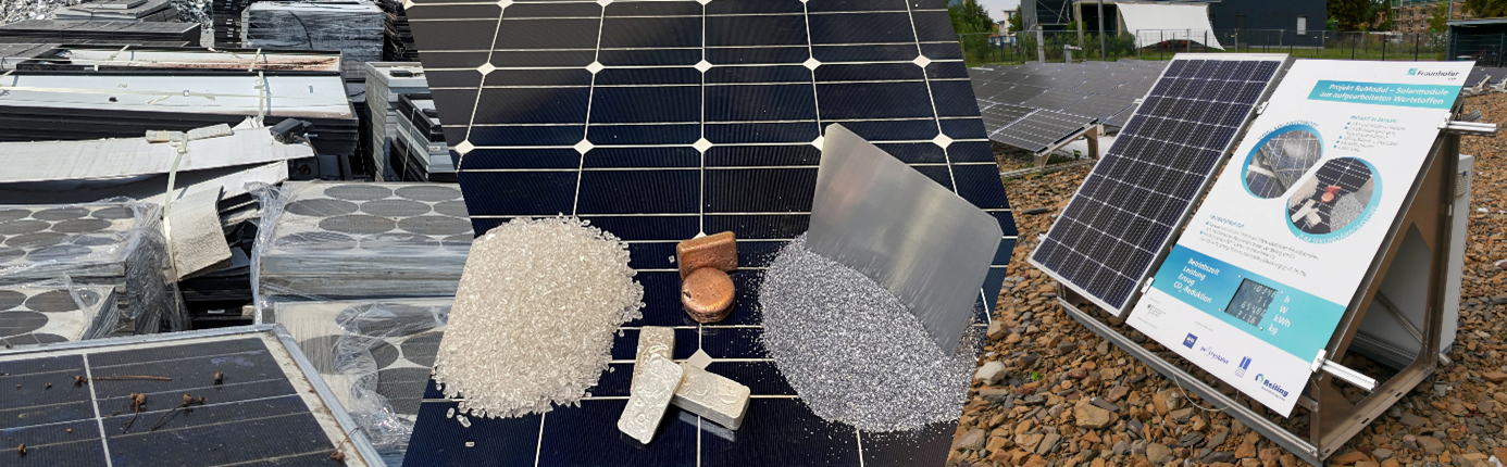 Bild links: End-of-Life PV-Module zum Recycling; Bild Mitte: aus End-of-life-PV-Modulen zurückgewonnenes Glas, Silber, Kupfer und Silizium (Wafer aus 100 % Recyclingsilizium); Bild rechts: Demonstrator-Solarmodul mit PERC-Solarzellen aus 100 % Recyclingsilizium im Testfeld des Fraunhofer CSP in Halle (Saale)  
