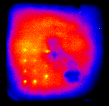 LIT amplitude image showing local reaction of H2 with oxygen from air at laser-inserted pinholes; the holes have diameters in the range of 20-100 µm